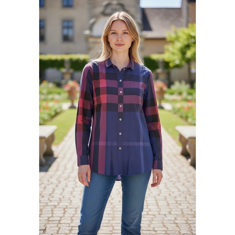 Burberry Brit Womens Button Up Shirt Size Medium Purple Pink Nova Check Cotton